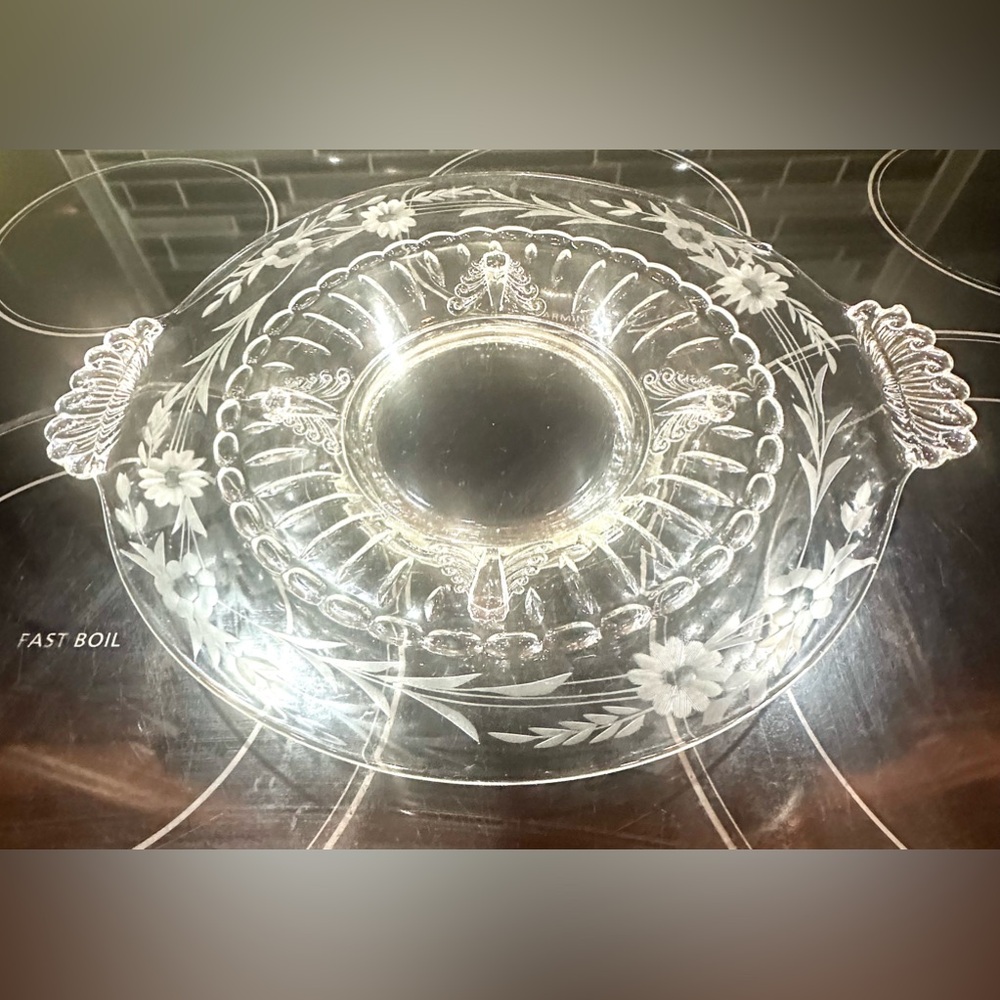 Vintage Paden City 12" CrystalClear NERVA Handle Etched Cut Round Footed Platter